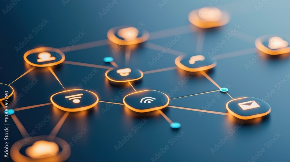 Digital communication icons connected by lines illustrating networking ...