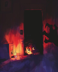 Poster - A cartoon of a child hiding under their bed, peeking out with a terrified expression, as shadowy monster hands reach from the dark closet.