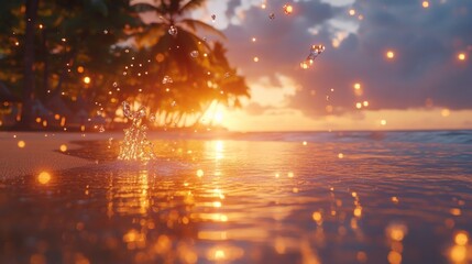 Sticker - Golden sunset over the ocean with sparkling water and palm trees in the background.