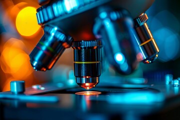 Poster - close-up of a cell under a high-tech microscope, a microscope illuminated by bright lights, featurin