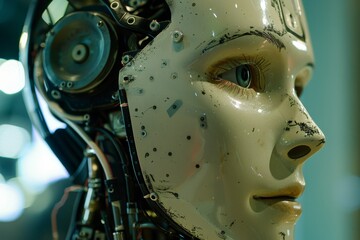 Poster - A close-up of a robot head featuring a detailed face and expressive eyes, showcasing advanced technology and design. Close up of a humanoid robot's face .
