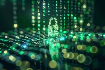 Poster - A visual representation of cyber security measures and data protection strategies in the modern digital landscape. Computer code transforming into a lock symbolising encryption.