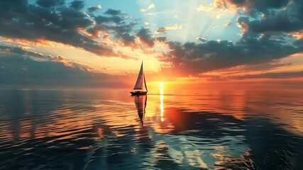 Wall Mural - Sailboat on the horizon at dawn, 4K hyperrealistic Video