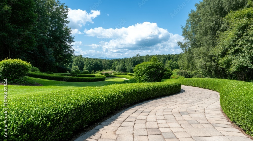 A serene park landscape featuring a winding stone path through lush ...