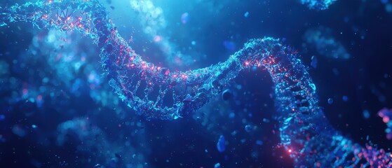 Poster - Floating digital dna strand with glowing particles in a bright abstract environment for technology and science visualization