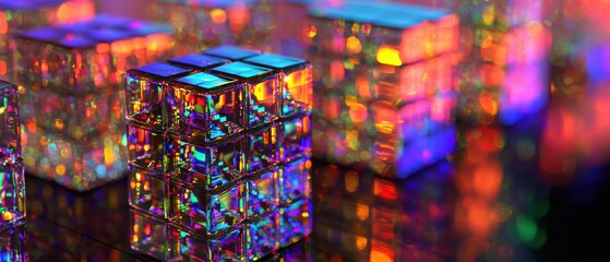 Poster - Dynamic holographic cubes creating a seamless futuristic experience in a virtual space engaging viewpoints on technology and innovation
