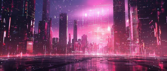 Poster - exploring a shimmering futuristic skyline with holographic floating graphics in a vibrant urban envi