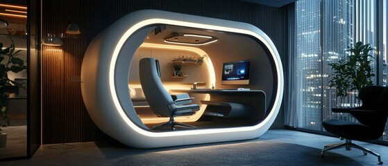 Poster - Transforming workspaces futuristic office pod with adjustable lighting for enhanced productivity