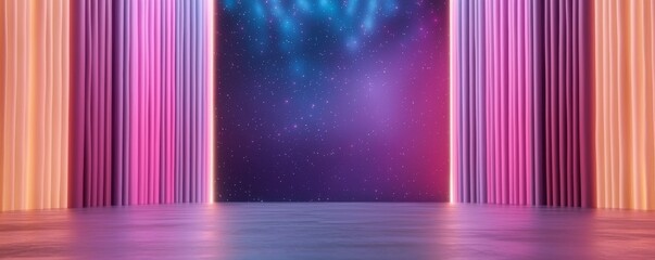 Wall Mural - A vibrant, illuminated stage with colorful vertical lights and a starry backdrop, creating an inviting atmosphere for performances or events.