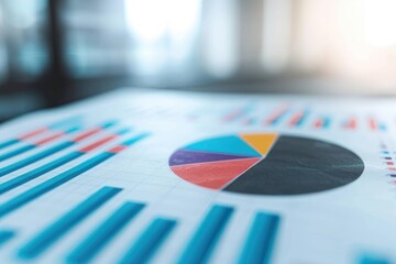 Poster - A close-up view of a colorful pie chart and bar graphs on a printed report, highlighting data analysis in a professional setting.