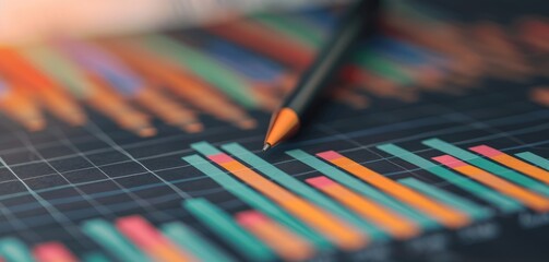 Poster - A close-up view of colorful bar graphs on a dark background, with a pencil resting nearby, illustrating data visualization and analysis.