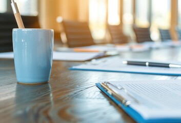 Poster - A serene conference room scene featuring a coffee mug and organized paperwork on a wooden table, illuminated by natural light.