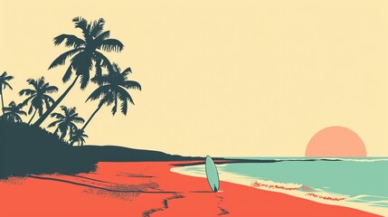 Wall Mural - a beach scene with a surfboard on the sand. the sun is setting in the background. scene is relaxed a