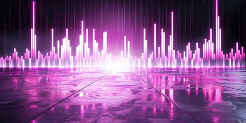 Poster - A vibrant digital landscape featuring pink sound waves rising above a reflective surface, creating a futuristic and energetic atmosphere.