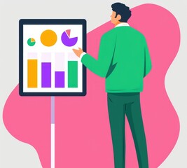 Poster - A person in a green jacket analyzes colorful charts and graphs displayed on a board against a pink abstract background.