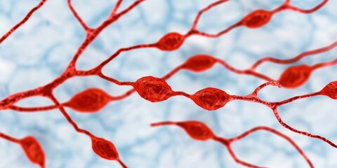 Poster - A close-up view of red cells interconnected in a biological context, showcasing intricate structures against a soft blue background.