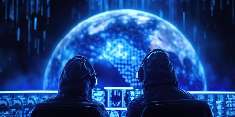 Poster - Two individuals in hooded jackets sit at a control panel, gazing at a glowing blue Earth, surrounded by digital data streams.