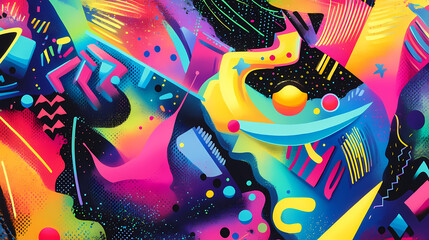 Wall Mural - colorful and vibrant retro surrealism pop art background featuring geometric shapes, neon colors, an