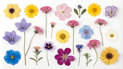 Wall Mural - Pressed Flower Flatlay Colorful Floral Composition of Assorted Blooms Arranged on White Background