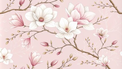  Pink Magnolia Blossom Seamless Pattern Botanical Illustration