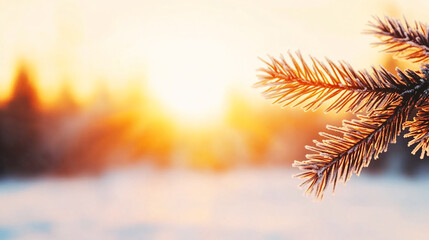Wall Mural - stunning winter sunset casts a warm orange glow on hoarfrost-covered pine branches, creating a magic