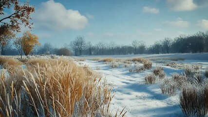 Wall Mural - Walking through a snowy meadow near home, with tall grasses poking through the snow and a distant, snowy treeline. . 4K Video