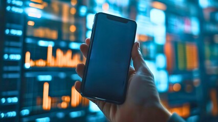 Poster - Mobile Market Insights: A hand holds a smartphone against a backdrop of vibrant digital data, showcasing the power of mobile technology in today's data-driven world.  