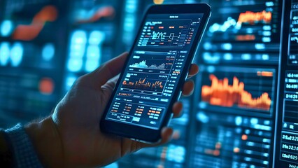 Poster - Data-Driven Decisions: A hand holds a tablet displaying dynamic financial charts and graphs, set against a backdrop of vibrant data screens. The image evokes a sense of technological advancement.