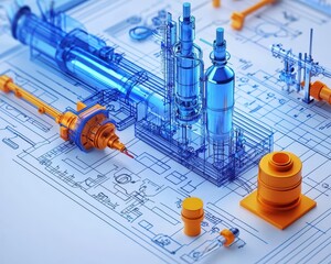 Wall Mural - Hightech machinery, modular assembly line blueprint, precision details, 3D illustration