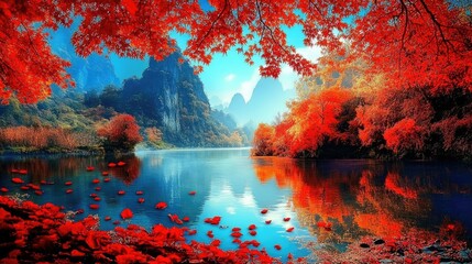 Wall Mural - Vibrant Autumn Landscape with Red Leaves and Tranquil Lake Reflection