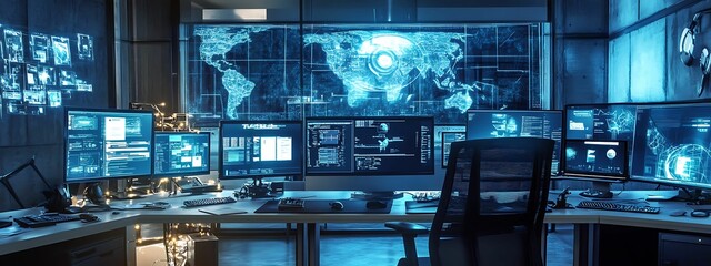 Poster - Cybersecurity Command Center:  A high-tech, immersive view of a cybersecurity command center, filled with glowing screens displaying intricate data streams and a world map.
