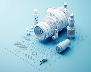 Wall Mural - Conceptual machinery, layered blueprint with components, 3D illustration