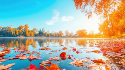 Wall Mural - Autumn Reflections Over Calm Lake with Colorful Leaves on Water