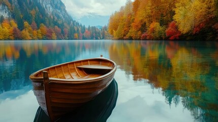 Wall Mural - Serene Autumn Landscape with Wooden Boat on Tranquil Lake Waters