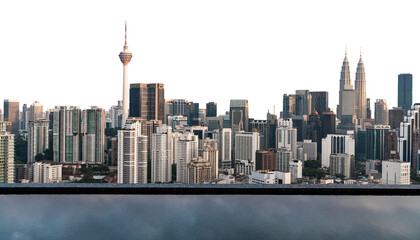 Kuala Lumpur skyline featuring modern skyscrapers, including the Petronas Towers, isolated on a white background with reflections in water