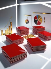 Poster - A modern arrangement of red folders, stacked with charts and graphs, symbolizing data analysis and business growth.
