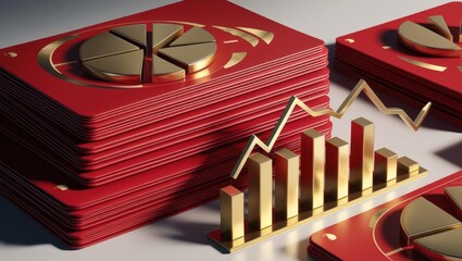 Poster - A collection of red cards featuring gold pie charts and a golden bar graph, symbolizing financial growth and investment.