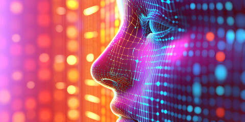 Poster - digital face: a profile view of a futuristic, digitally rendered face, composed of glowing lines and