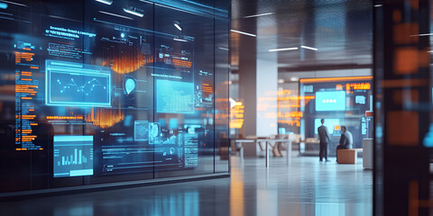 Poster - Data-Driven Innovation: Inside the heart of a modern tech hub, where data visualization and futuristic interfaces drive innovation and transform business decisions.