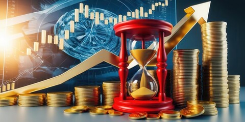 Poster - A red hourglass sits in front of stacks of coins and a rising graph, symbolizing the relationship between time and financial growth.
