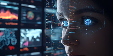 Poster - The Future of Intelligence: A woman's face, overlaid with a futuristic digital interface, gazes into the vast expanse of data, representing the intersection of technology and human intelligence.