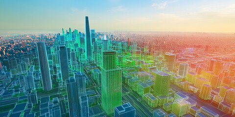 Poster - Urban Wireframe Skyline at Sunrise 