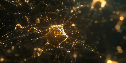 Poster - golden neural network: abstract digital art depicting a glowing neural network, with golden nodes an