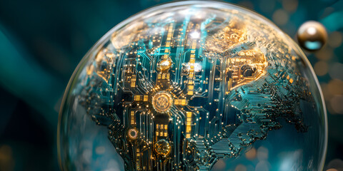 Poster - Global Circuitry: Encased in a crystal sphere, a mesmerizing circuit board evokes themes of technological innovation and global connectivity.