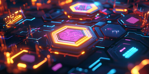 Poster - Neon Hexagon Circuitry: Abstract digital art depicting a vibrant, glowing network of interconnected hexagons, pulsating with neon energy.  A mesmerizing close-up view of futuristic technology. 