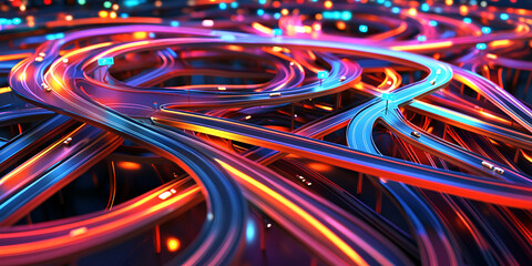Poster - Neon Highway Abstract: Glowing, vibrant, and dynamic abstract artwork depicting a complex network of interconnected roads and highways, illuminated with neon lights in a futuristic style.