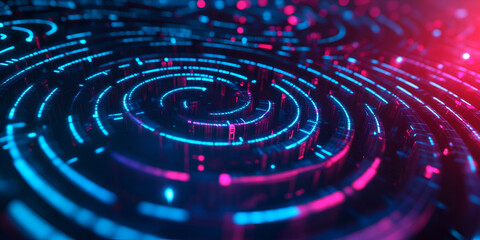 Poster - Digital Labyrinth: A mesmerizing digital labyrinth of neon blue and pink lines intertwines.