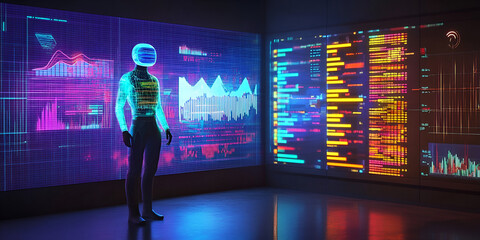 Poster - Cybernetic Analyst: A futuristic illustration of a cybernetic analyst immersed in a data-driven world, surrounded by glowing digital screens displaying complex information.