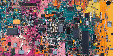 Poster - Circuitry Symphony: A vibrant, abstract close-up of a circuit board, showcasing a symphony of colorful wires, chips, and components.  A captivating blend of technology and artistry.