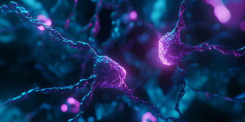 Poster - Interconnected Mind:  A mesmerizing microscopic view of neurons, their intricate network glowing with vibrant blue and purple hues, symbolizing the complex and interconnected nature of the human mind.